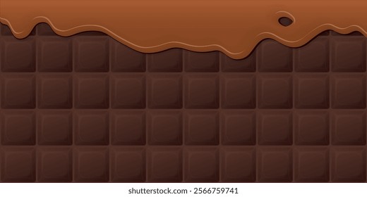 Melted caramel pouring on milk chocolate bar background graphic illustration.