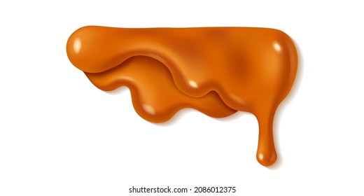 Melted caramel sauce drop isolated on white background. Orange or brown paint stains design. Vector illustration. Realistic horizontal leaking syrup dripping