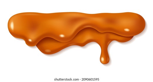 Melted caramel sauce drop isolated on white background. Orange or brown paint stains design. Vector illustration. Realistic horizontal leaking syrup dripping