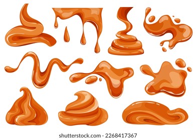 Melted caramel set graphic elements in flat design. Bundle of caramel flowing and dripping, liquid toffee candies with splash and droplet, confectionery topping. Vector illustration isolated objects