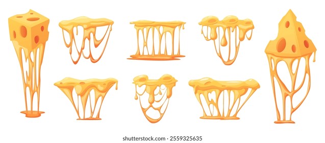 Melted cartoon cheese. Dairy gourmet food, fondue, melting emmental gouda cheddar mozzarella for sauce or burger. Flowing tasty product for pasta, nowaday vector set