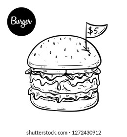 melted cheese burger that only five dollars using black and white hand drawn style
