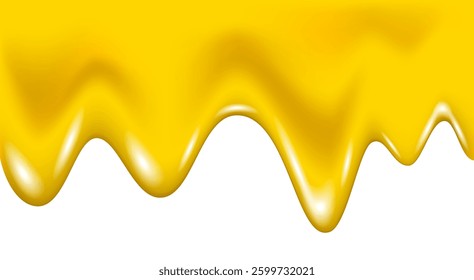 Melted cheese or butter texture. Sweet honey drip isolated on white background. Orange, lemon, apple juice or beer splashes. Petrol or lubricant. Dripping yellow caramel syrup or sauce. Vector.