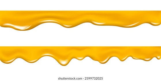 Melted cheese or butter texture. Sweet honey drip isolated on white background. Orange, lemon, apple juice or beer splashes. Petrol or lubricant. Dripping yellow caramel syrup or sauce. Vector.