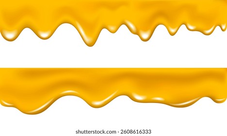 Melted cheese or butter texture. Sweet honey drip isolated on white background. Orange, lemon, apple juice or beer splashes. Petrol or lubricant. Dripping yellow caramel syrup or sauce. Vector.