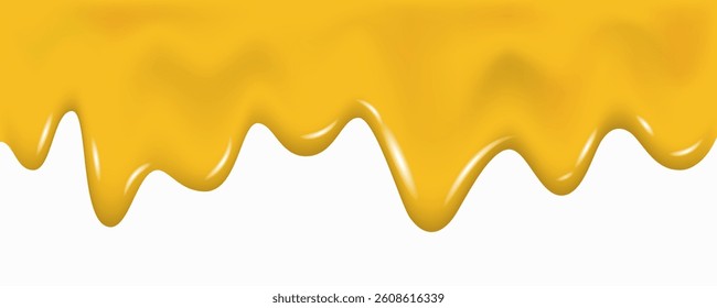 Melted cheese or butter texture. Sweet honey drip isolated on white background. Orange, lemon, apple juice or beer splashes. Petrol or lubricant. Dripping yellow caramel syrup or sauce. Vector.