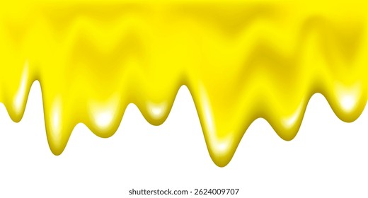 Textura de queijo fundido ou manteiga. Mel doce gotejamento isolado em fundo branco. Alaranjado, limão, suco de maçã ou salpicos de cerveja. Gasolina ou lubrificante. Xarope ou molho de caramelo amarelo. Vetor.