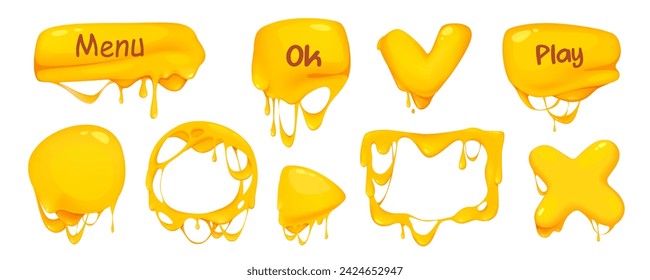 Botones de queso fundido mega conjunto en diseño gráfico de dibujos animados. Agrupe elementos de kit de interfaz amarillo con marcos de menú, ok, play, cross, square o round, otras formas. Ilustración vectorial de objetos aislados