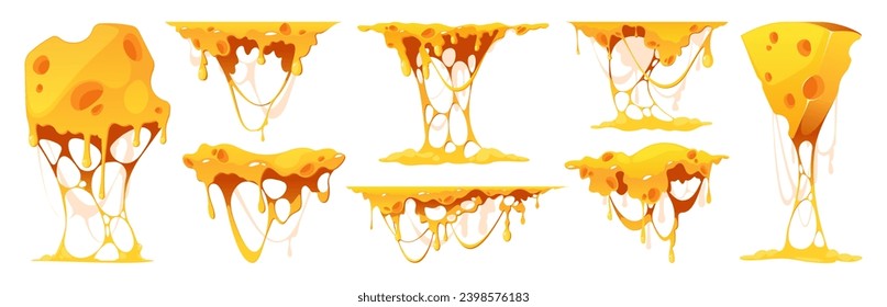 Melted cheese. Cartoon melting cheddar and mozzarella, fondue and sauce, gourmet food product stretching and flowing. Vector vegetarian food set. Ingredient for pizza and pasta meals