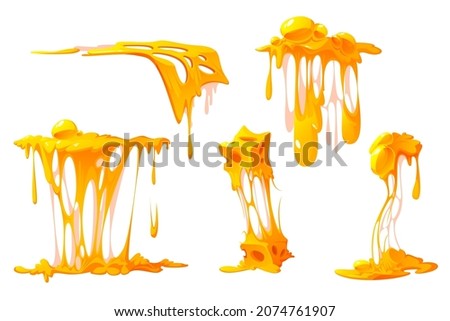 Melted cheese cartoon set, mellow pieces with dripping and stretches, design elements for pizza, sandwiches or pasta, cheesy texture flow, melt food isolated on white background, Vector illustration