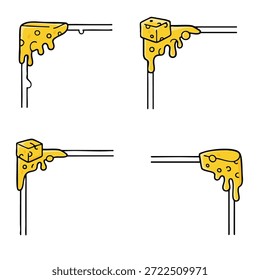 Un queso derretido que gotea desde los bordes de las esquinas con estilo de dibujos animados, con diferentes Formas de bloques de queso y texturas pegajosas en tonos amarillos, creando un diseño divertido y apetitoso
