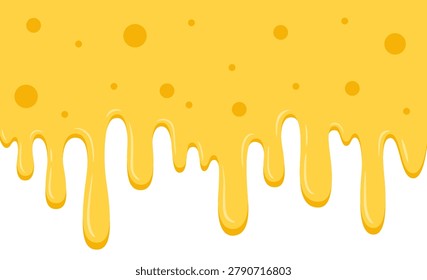 Melted cheese dripping down. Yellow horizontal banner. Cheese sauce or fondue theme background. Vector illustration on white background.