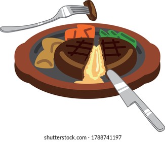 melted cheese hamburger steak with fork and knife