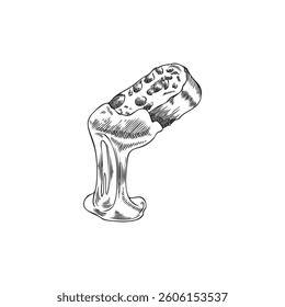 Melted cheese on bread slice vector ink sketch. Hand drawn engraved illustration of healthy snack, dripping cheese ingredient on toast. Fondue dish. Milk food production