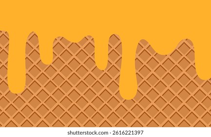 melted cheese on waffle, melted cheese on waffle. cheese. Melted cheese ice cream drop on ice cream cone texture background graphic illustration have blank space