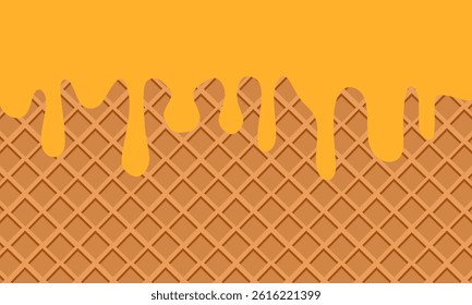 melted cheese on waffle, melted cheese on waffle. cheese. Melted cheese ice cream drop on ice cream cone texture background graphic illustration have blank space
