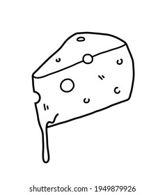 Melted cheese wedge doodle, a hand drawn vector doodle of a piece of a cheese wedge, isolated on white background.