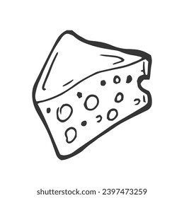 Melted cheese wedge doodle, a hand drawn vector doodle of a piece of a cheese wedge, isolated on white background.