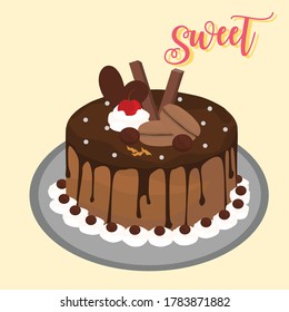 Melted chocolate cake with cherries and macaroons on a plate. vector illustration.