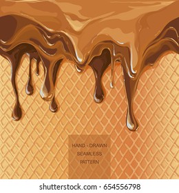 melted chocolate, caramel streams. Syrup drip pattern on waffle ice cream background. Flowing caramel vector illustration isolated