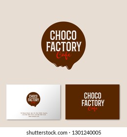 Melted chocolate circle with letters. Logo for cafe or pastry. Composition with chocolate drop, isolated on light background. Identity, business card.