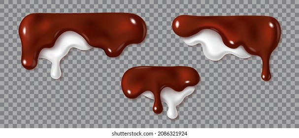 El chocolate fundido y el goteo de crema aislados en un fondo blanco. Ilustración vectorial 3d realista de la salsa crema marrón con gota de leche o jarabe. Conjunto de elementos de borde horizontales.