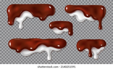 Melted chocolate and cream drip isolated on white background. Realistic vector 3d illustration of brown cream sauce with milk or syrup drop. Set of horizontal border elements.