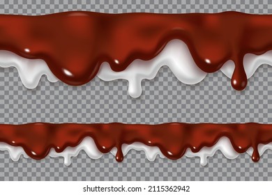 Melted chocolate and cream drip seamless. Realistic vector 3d illustration of brown cream sauce with milk or syrup drop. Repeatable horizontal border element.