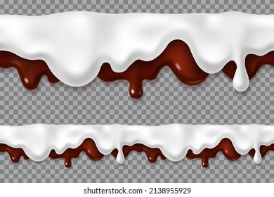 Melted chocolate and cream drip seamless. Realistic vector 3d illustration of brown cream sauce with milk or syrup drop. Repeatable horizontal border element.