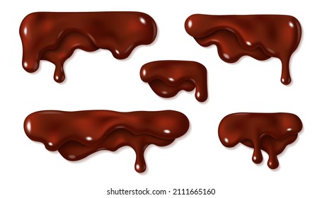 Melted Chocolate Drip Isolated On White Background. Realistic Vector 3d Illustration Of Brown Cream Sauce Or Syrup Drop. Dropping Liquid Cocoa. Horizontal Border Elements