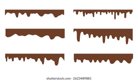 Melted Chocolate Drip Liquid Element. Melted chocolate drops, seamless sweet top border on white background, chocolate banner, vector illustration.
