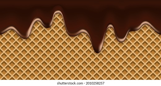 Melted chocolate drip on waffle texture. Dark brown liquid flowing chocolate cream syrup and wafer background, sweet dessert vector illustration