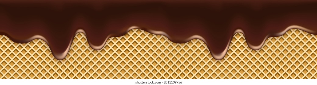 Melted chocolate drip on waffle texture. Liquid flowing hot milk chocolate cream syrup and wafer background, sweet dessert. Seamless repeat pattern,  vector illustration