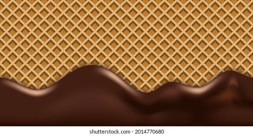 Melted chocolate drip on waffle texture. Liquid flowing hot milk chocolate cream syrup and wafer background, sweet dessert vector illustration