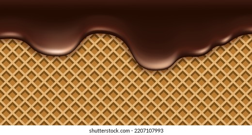 Melted chocolate drip on waffle texture. Dark brown liquid flowing chocolate cream syrup and wafer background, sweet dessert vector illustration