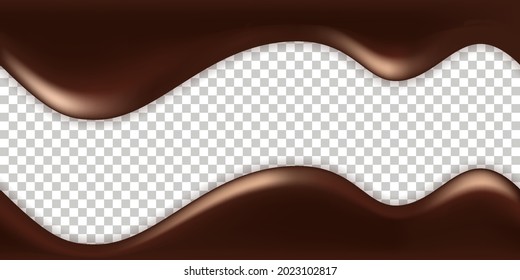 Olas de goteo de chocolate fundidas. Textura cremosa de chocolate con leche. Derrame de jarabe líquido. Giros ondulados aislados sobre un fondo transparente. Patrón sin brillo para el borde del marco. Ilustración del vector