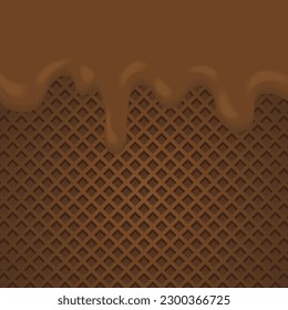 Melted chocolate dripping background. Flowing melted chocolate cartoon on wafel vector illustration