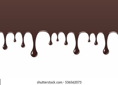 Melted chocolate dripping down. Culinary wallpaper, brochure, coffee, candy shop, restaurant menu, confectionery. Vector illustration for factory