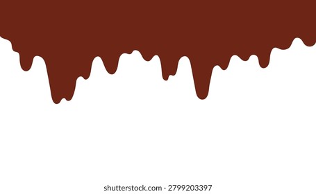 Melted chocolate dripping, flowing down, droplets, wave illustration on transparent background. Border with copy space. Baking, cake frosting, dessert, cocoa, sweet food design element. Flat vector