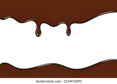 El chocolate fundido gotea sobre fondo blanco. Tarjeta de chocolate fundida.