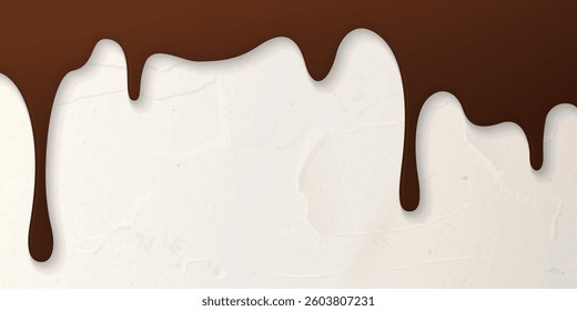 Melted chocolate flows onto cream cake surface horizontal background graphic illustration have blank space.