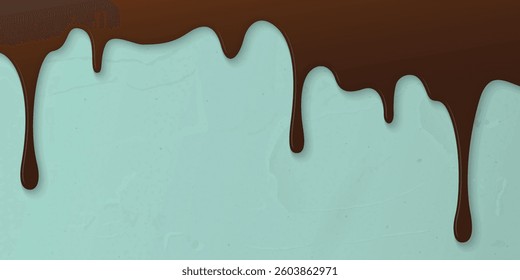 Melted chocolate flows onto green mint cream cake surface horizontal background graphic illustration have blank space.