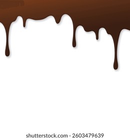 Melted chocolate flows onto white square background graphic illustration have blank space.