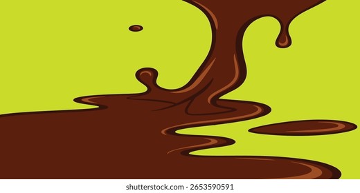 O chocolate derretido flui e vaza através de um fundo verde-limão, formando várias formas e gotas.  O líquido castanho rico cria uma dinâmica, 