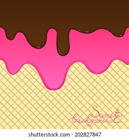 Melted chocolate and glaze flow down on a wafer background. Vector illustration. Sweet background.