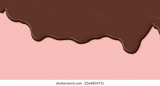 Melted chocolate ice cream drop on ice cream cone texture strawberry flavor background graphic illustration have blank space.