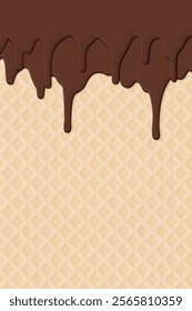 Melted chocolate ice cream drop on ice cream cone texture vertical background graphic illustration have blank space.