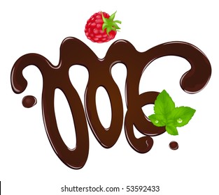 Melted Chocolate Icing On Surface With Raspberry And Mint Leaves, Isolated On White