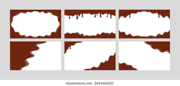 Melted chocolate liquid drips borders on white background set. Sweet chocolate cream or syrup flowing frames collection. Dripping chocolates isolated pack. Spilled, drop, leak. Vector illustration