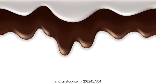 Melted chocolate and milk cream drip flow. Dark brown choco and milky waves on white background. Liquid flowing syrup texture. Vector illustration